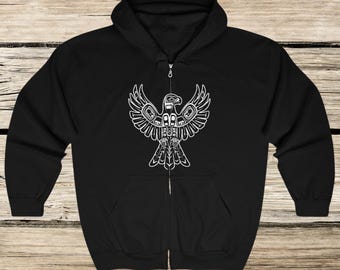 Black & White Thunderbird Eagle Jacket, Full Zip Hoodie Sweatshirt, Thunderbird Totem Spirit, Camping Sweater, Wildlife Lover, Hiker Sweater
