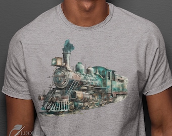 Vintage Zug T-Shirt, Herren Lokomotive Dampfmaschine T-Shirt, Aquarell Zug Lokomotive, handbemalter Zug, Geschenk für Papa, Vintage Zug Liebhaber