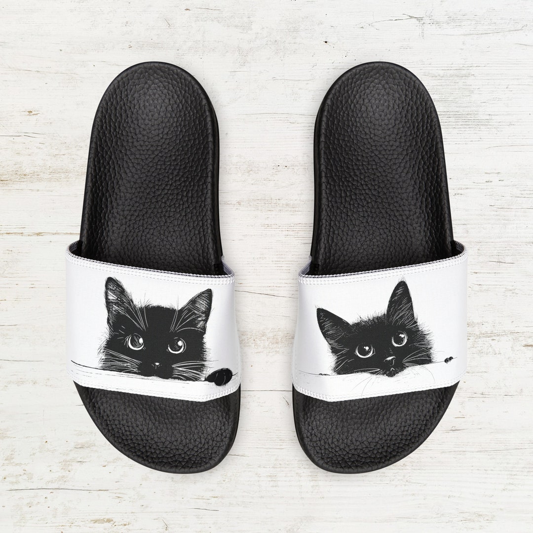 Double Cute Black Cat Art Slide Sandals, Two Black Cat Slipon Shoes