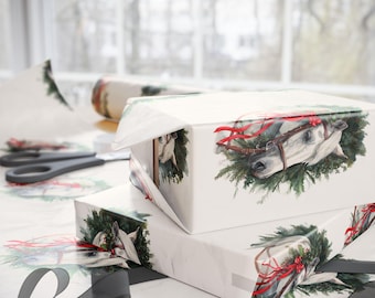 Holiday White Horse Christmas Pattern Wrapping Paper | White Background, Horse with Evergreen Swag for Horse Lovers