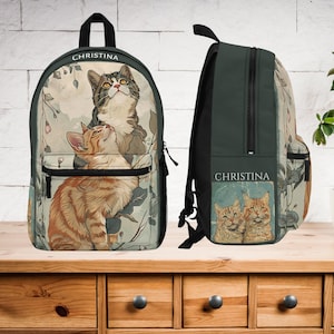 Personalized Girls Cat Lover Backpack, Customizable Bookbag with Original Artwork Design Kids Back-to-school, College or Work Carry All