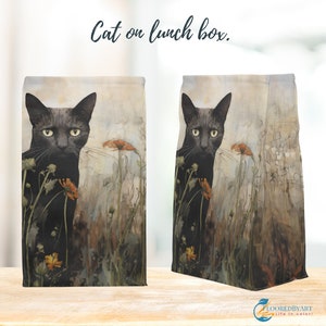 Personalized Folkart Black Cat Lover's Insulated Lunch Bag, Magnet Closure, Original Art Design, Kids Back-to-school, College or Work Carry