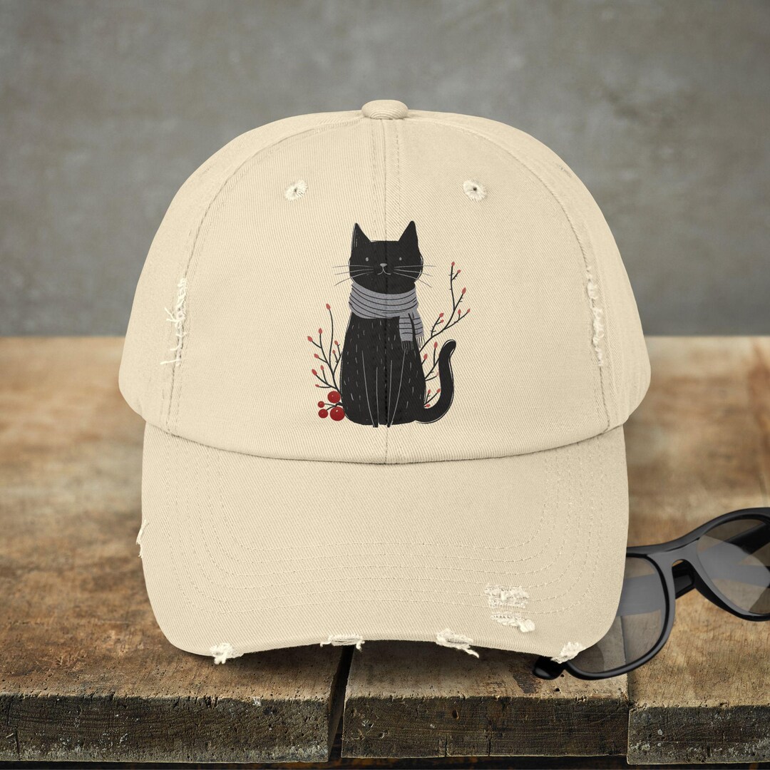 Black Cat Distressed Baseball Cap – Original Art Embroidered Hat, Cat ...
