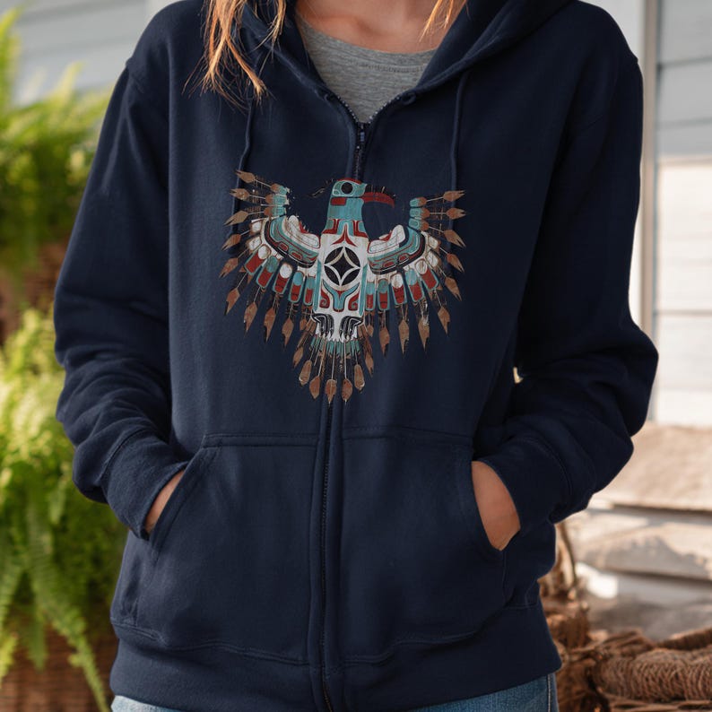 Native American Eagle Totem Full Zip Hoodie, Thunderbird Art , Western Art, Cowboy Sweat, Comfy Native American Indigenous Shirt, Boho image 3