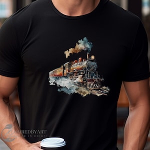 Tall Men&#39;s Vintage Bronze Locomotive Train Steam Engine, Watercolor Train Engine, Hand Painted Train - Gift for Dad or Gift for Him