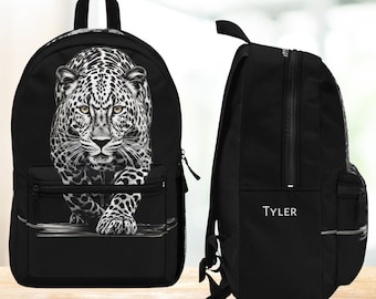 Personalized Wildlife Leopard Backpack,  Dramatic Snow Leopard Bookbag, Environmental Back-to-school, College or Work Carry, Any Age