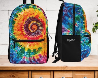 Tie Dye Backpack Bookbags, Full Size, Adjustable Tie Dyed Rainbow, Hippie Boho Girl Tie Dye Backpack, Primary Colors Tie Dye School Bookbag
