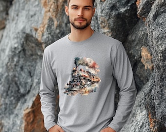 Vintage Train Long Sleeve Shirt, Lightweight Unisex Cotton Steam Engine Tee, Gift for Train Lover, Railway Art Shirt, Historic Train Graphic