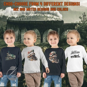 Childrens Train Long Sleeve T-shirt, Vintage Steam Engine Train Tee for Train-Loving Kids, Realistic Watercolors, Choose design, Personalize