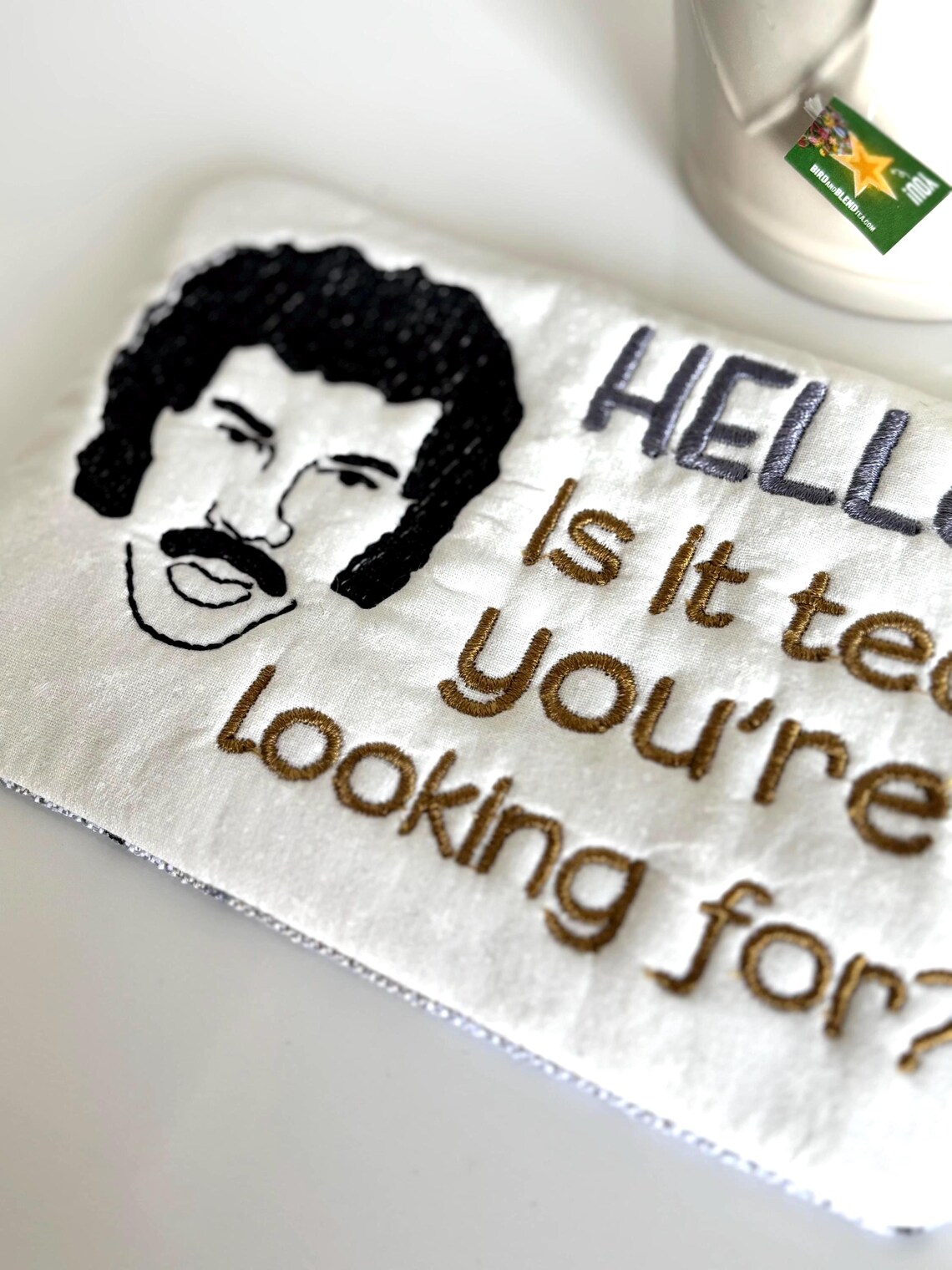 Humorous Be Inspired Handmade Machine Embroidered Fabric Coaster Mug Rug Lionel Richie ...