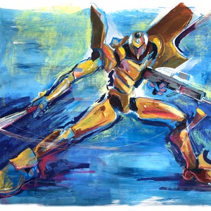 May include: A yellow and orange robot with wings, holding a gun and a sword, painted on a blue background.