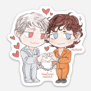 May include: A sticker featuring two cartoon figures in prison uniforms, forming a heart shape with their handcuffed hands. The figure on the left wears a gray uniform, while the other wears orange. Red hearts and the text "Hannigram Forever" are also included.