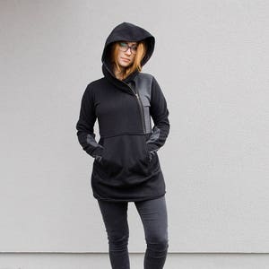 Hoodie For Women, Black Hoodie, Solarpunk, Women Sweatshirt, Plus Size Clothing, Asymmetrical Hoodie, Zipper Sweatshirt, Long Hooded Coat image 1