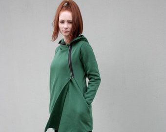 Asymmetric Jacket, Hooded Jacket, Winter Hoodie, Green Hooded Jacket, Plus Size Clothing, Long Sleeve Jacket, Zipper Hoodie, Elven Clothing