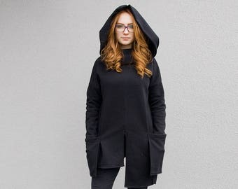 Black Hoodie, Winter Sweatshirt, Plus Size Clothing, Gothic Hoodie, Asymmetric Sweatshirt, Hooded Hoodie, Winter Hoodie, Black Sweatshirt