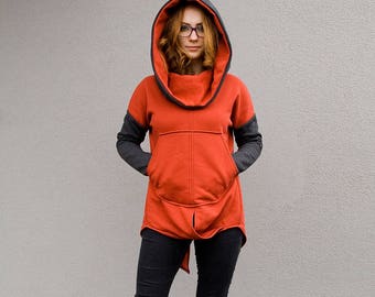 Hooded Hoodie, Burnt Orange Sweatshirt, Winter Hoodie, Hooded Sweatshirt, Plus Size Clothing, Winter Hoodie, Long Hoodie, Orange Sweatshirt