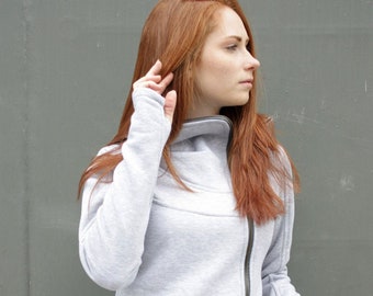 Grijze asymmetrische sweater/tuniek met rits, mouwen met duimgaten, asymmetrische jas, futuristische stijl, emo-kleding