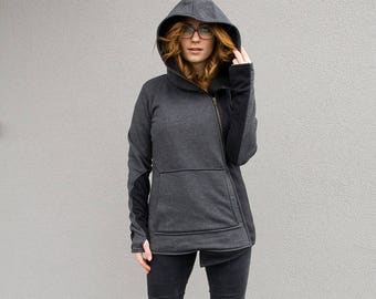 Hooded Hoodie, Winter Sweatshirt, Women Hoodie, Gray Sweatshirt, Asymmetric Sweatshirt, Cotton Sweatshirt, Hooded Sweatshirt, Winter Hoodie