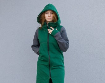 Groene jas, dameskleding, capuchonjas, groene hoodie, Elven kleding, plus size jas, ritsjas, gebreide jas, boskleding, lente