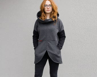 Hoodie Women, Grey Hoodie, Plus Size Clothing, Hooded Hoodie, Women Sweatshirt, Asymmetric Hoodie, Winter Sweatshirt, Zip Up Hoodie, Urban