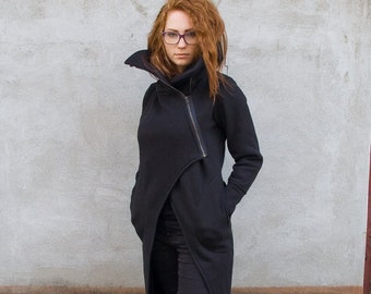 Turtleneck Coat, Sweater Coat For Women, Sweater Coat, Loose Zipper Coat, Asymmetric Coat, Sweater Blazer, Warm Coat, Cyberpunk Coat