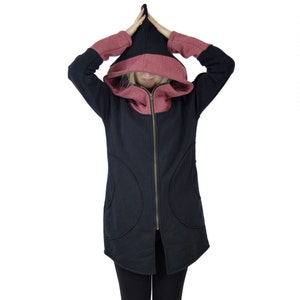Langer schwarzer Hoodie, Damenkleidung, Kostüm für Erwachsene, schwarzes Sweatshirt, Kapuzenpullover, Plus Size-Kleidung, Reißverschluss-Sweatshirt, Winter Hoodie