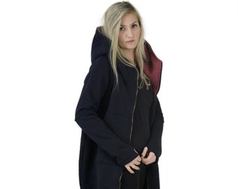 Asymmetric Hooded Jacket, Women's Cotton Blend Hoodie, Thumb Holes, women coat cotton