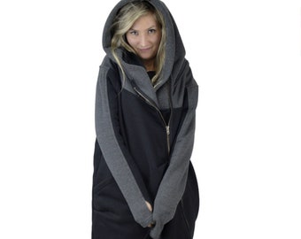 Navaho Kleidung, Asymmetrischer Mantel, Schwarzer Kapuzenmantel, Hoodie-Mantel, Reißverschluss Hoodie, Plus Size Mantel, Sweatshirt Hoodie, Big Hood Mantel, Warm