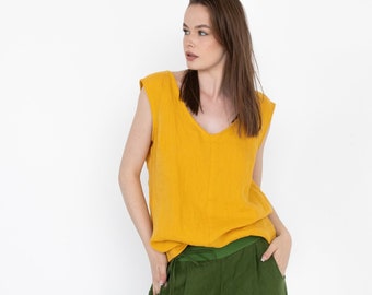 Linen Women Tshirt, V Neck Shirt, Sleeveless Yellow Top, Linen Summer Shirt, Soft Linen Top, Women Linen Tee, Loose Linen Shirt, Minimalist