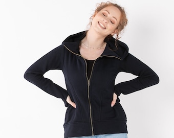 Zwarte katoenen hoodie met rits, asymmetrische damesjas