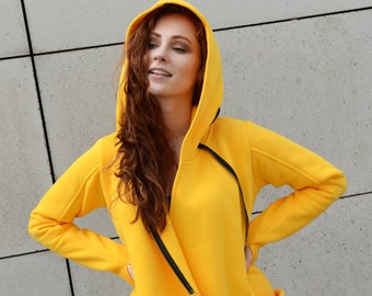 Yellow Hoodie Women, Spring Clothing, Wrap Hoodie, Asymmetrical Sweatshirt, Plus Size Clothing, Yellow Hooded Sweatshirt, Avant Garde