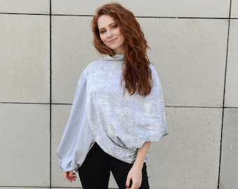 Gray Cowl Neck Plus Size Tunic, Loose Cotton Half Sleeve Top