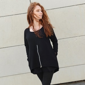 Solarpunk-tuniek, zwarte tuniekrui dames, kleding grote maten, gotische tuniek, tuniek met lange mouwen, oversized tuniek, asymmetrische tuniek