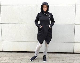 Black Hooded Jacket, Black Sweatshirt Hoodie, Wrap Jacket, Hooded Hoodie, Asymmetrical Jacket, Warm Clothing, Plus Size Hoodie, Whimsigoth