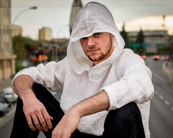 Medieval Tunic, Mens Clothing, Summer Linen Hoodie, Big Hood Hoodie, White Linen Hoodie, Jedi Tunic, Mid Century Modern, Navaho Clothing