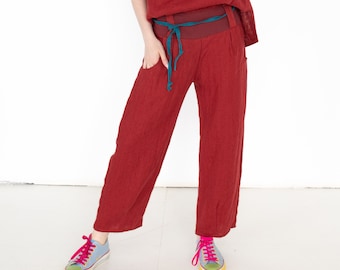 Palazzo Pants, Red Linen Pants, Linen Trousers With Pockets, Capri Linen Pants, Summer Linen Clothing, Loose Linen Pants, Plus Size Linen