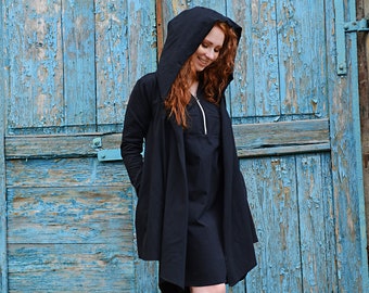 Black Hooded Cardigan, Cloak With Hood, Spring Clothing, Edgy Clothing, Women Hooded Jacket, Plus Size Clothing, Mid Century Modern