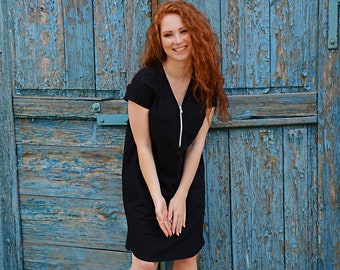 Vestido negro de algodón con cremallera, talla grande, largo hasta la rodilla, estilo gótico otoñal.