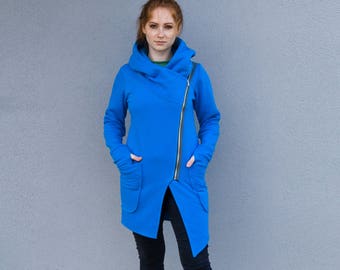 Asymmetric Hoodie, Blue Coat, Hooded Coat, Hoodie Coat, Plus Size Clothing, Blue Hoodie, Loose Coat, Zipper Coat, Cyberpunk Clothing
