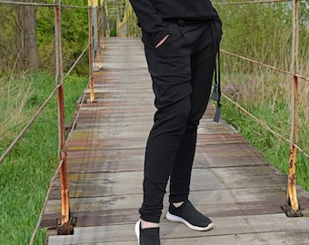 Black Knit Cotton Women's Pants, Elastic Waist Joggers