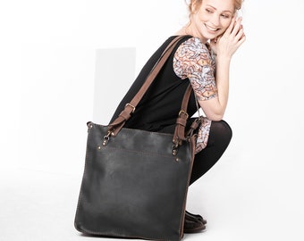 Black And Brown Leather Bag, Women Crossbody Bag, Leather Tote Bag, Handmade Handbag, Zipper Handbag, Travel Tote Bag, Shoulder Bag, Gift