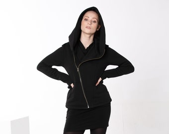 Cyberpunk Hoodie, Comfy Jacket, Black Hoodie For Women, Zipper Hooded Jacket, Plus Size Clothes, Cotton Hooded Coat, Whimsigoth Clothing