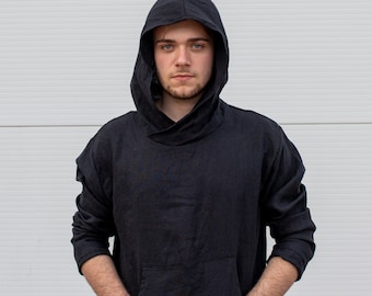 Leinen Hoodie Männer, Herrenbekleidung, große Kapuze Hoodie, leichter Hoodie, schwarzes loses Sweatshirt, Zauberer Hoodie, Mid Century Modern, Ninja Hoodie