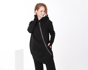 Asymmetrische ritshoodie, zwarte katoenen damesjas met capuchon, losse stijl, gothic spring