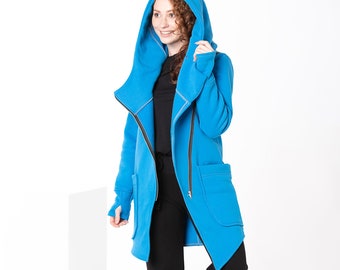 Blauer Frauen Hoodie, Damenbekleidung, Baumwoll-Kapuzenmantel, Reißverschluss Hoodie, Kleidung in Übergröße, asymmetrische Jacke, Seitentaschen, blauer Mantel