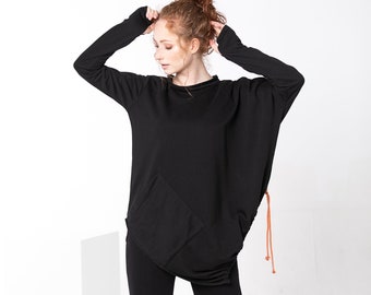 Comfy Sweater, Asymmetrical Tunic, Black Oversized Sweater, Deconstructed Top, Gothic Tunic Top, Futuristic Tunic Top, Black Cotton Sweater