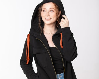 Casual Black Hooded Jacket, Women Short Coat, Zipper Coat