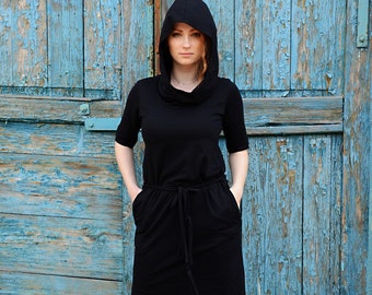 Black Hooded Dress, Cotton Blend, Elven Pixie Style, gothic dress, spring, custom dresses