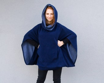 Blue Cotton Hooded Tunic, Batwing Sleeve Winter Hoodie