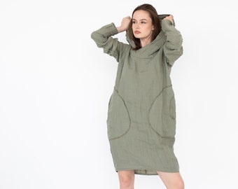 Kapuzenkleid, Leinen übergroße Tunika, Kleid mit großer Kapuze, Midi-Hoodie-Kleid, bequeme Kleidung, Langarmkleid, Plus Size Kleidung, gemütlich